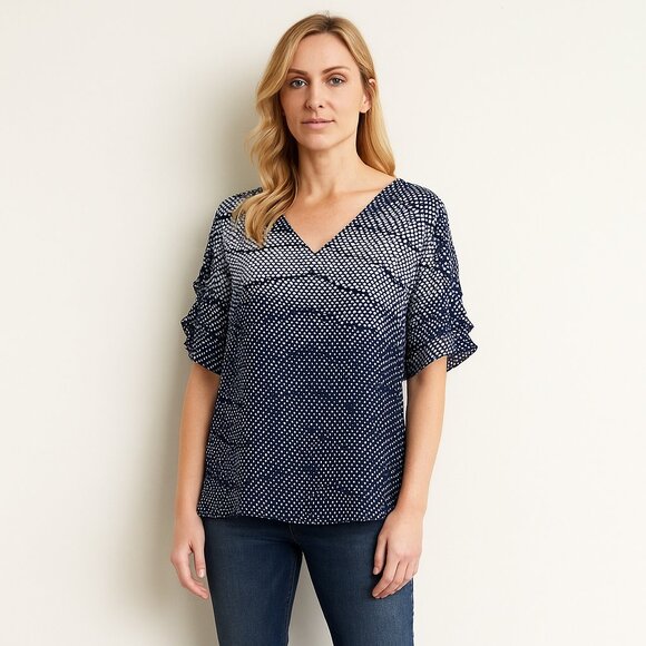 2/$30 Banana Republic Flutter Short Sleeve V-Neck Blouse Spot Dot Print #BAG7 - Picture 1 of 8